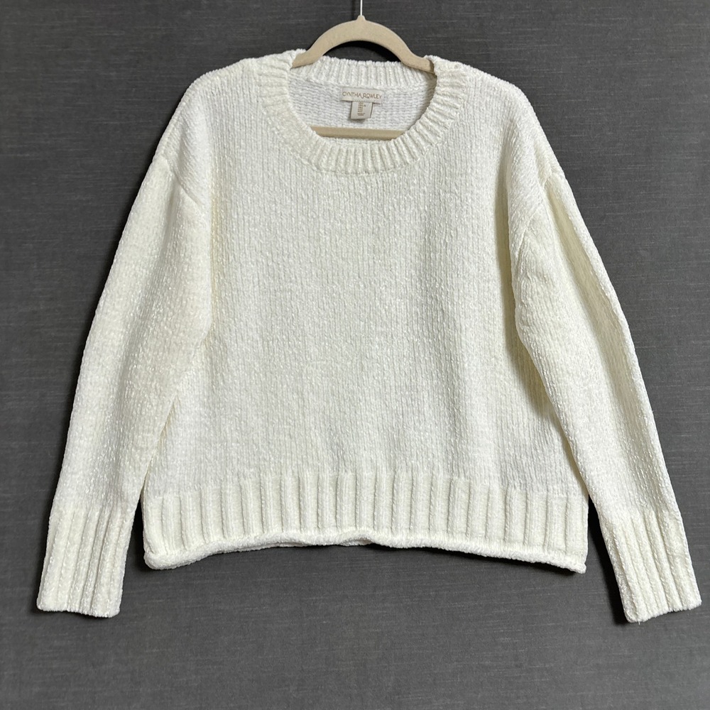 Cynthia Rowley Sweater L Cream Chenille Crew Neck Pullover Cozy Casual Fall
